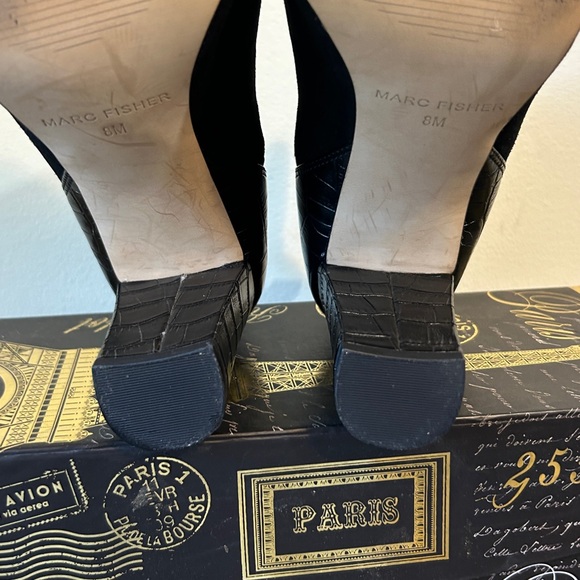 Marc Fisher Black Suede Leather Croc Reptile Open Toe Ankle Booties - Picture 13 of 14